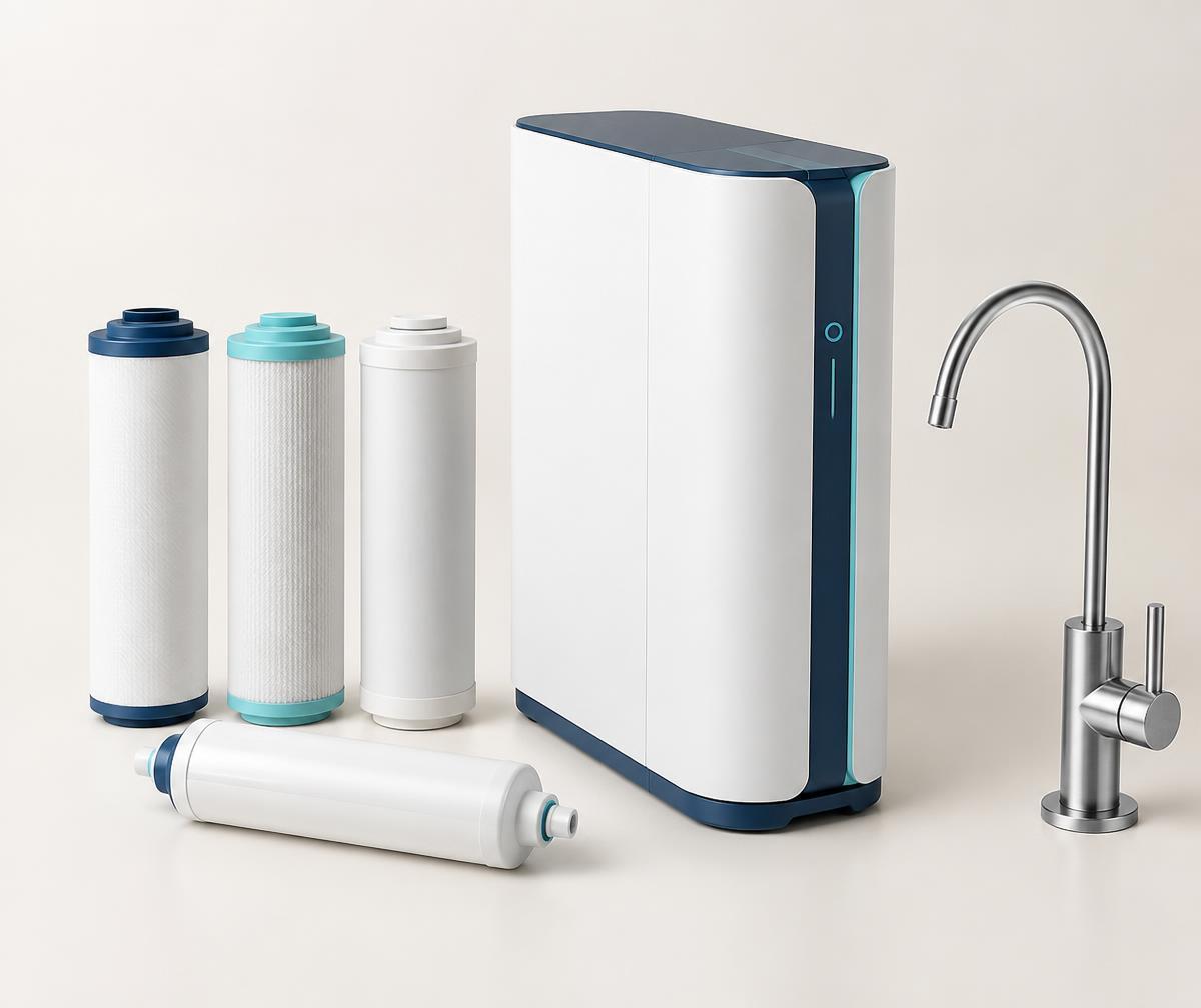 Compact osmosefilter met cartridges en drinkwaterkraan