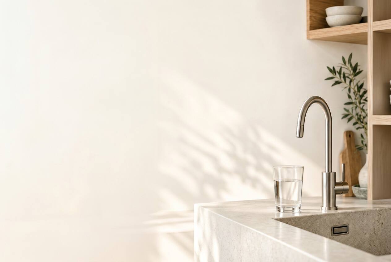 Lichte keuken met kraan en glas water
